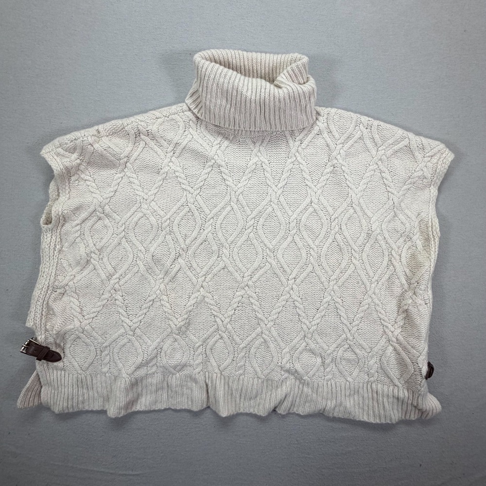 Max Studio Womens Poncho Sweater Relaxed Cream Cable Knit Buckle Side Medium